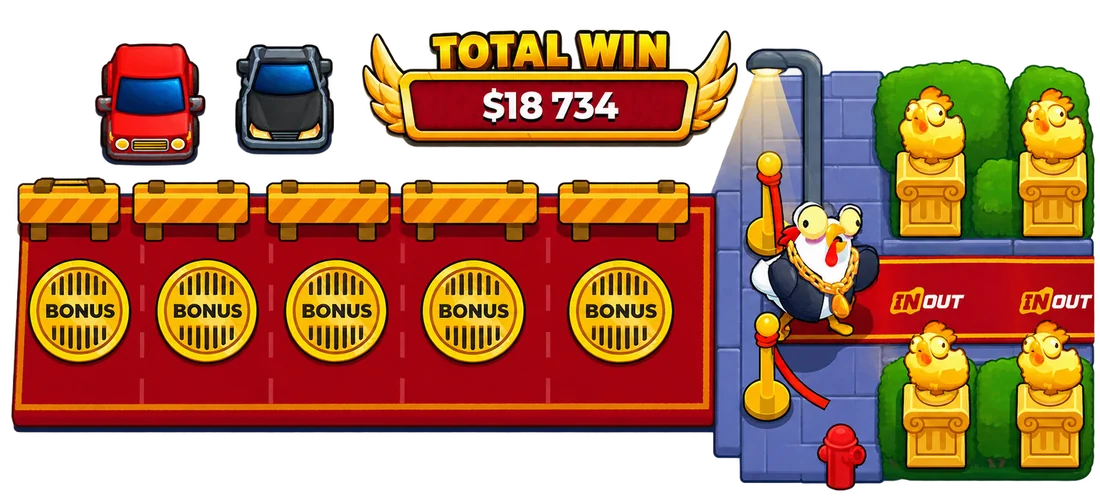 Chicken Road 2 free spins: five gold BONUS covers on the red bonus road and a total win of 18,734