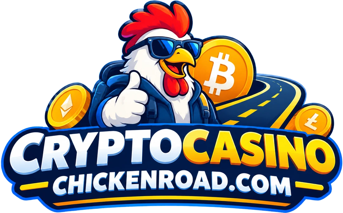 CryptoCasinoChickenRoad logo: a rooster in sunglasses giving a thumbs up, with bitcoin, ethereum and litecoin coins and a road behind him
