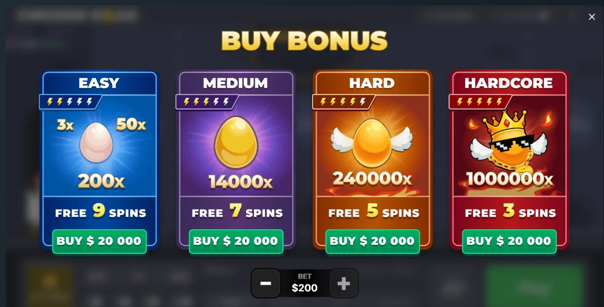 The Buy Bonus panel in the original Chicken Road with ceilings of 200x, 14000x, 240000x and 1000000x