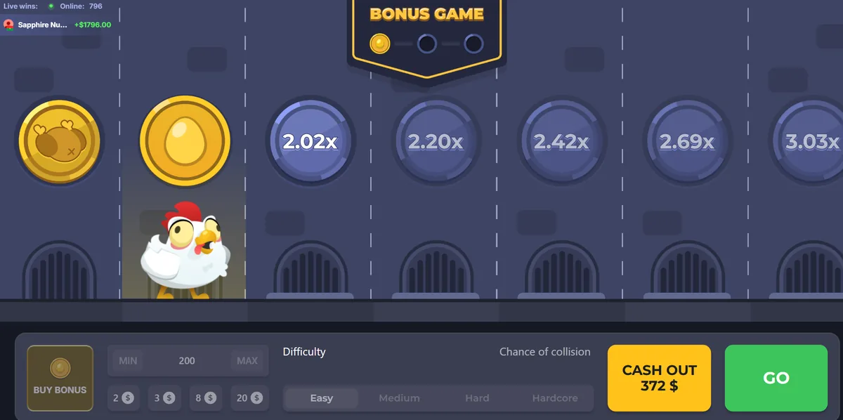 The original Chicken Road with a golden egg on the road and one of three slots filled in the BONUS GAME badge