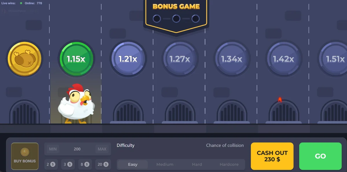 The original Chicken Road on Easy, ladder reading 1.15x to 1.51x with a CASH OUT button showing 230 dollars
