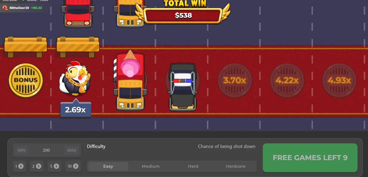 Chicken Road 2 bonus round, the chicken on 2.69x with police cars ahead and nine free spins left