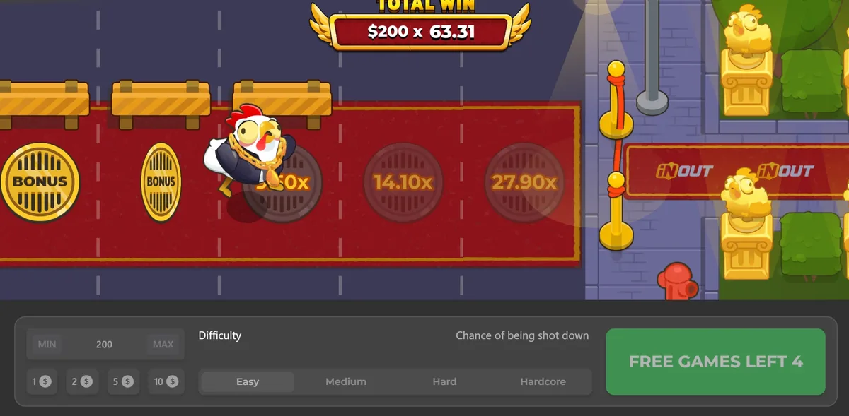 The end of the bonus road in Chicken Road 2 with the iNOUT wall and covers reading 14.10x and 27.90x