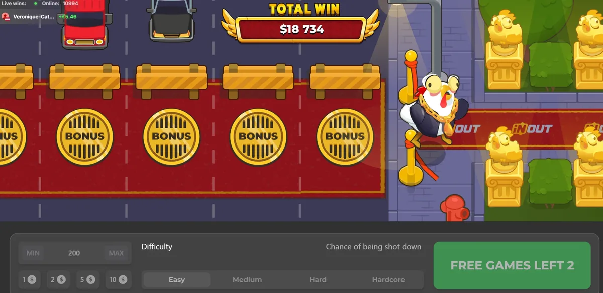 Five gold BONUS covers in a row during Chicken Road 2 free spins, total win 18,734