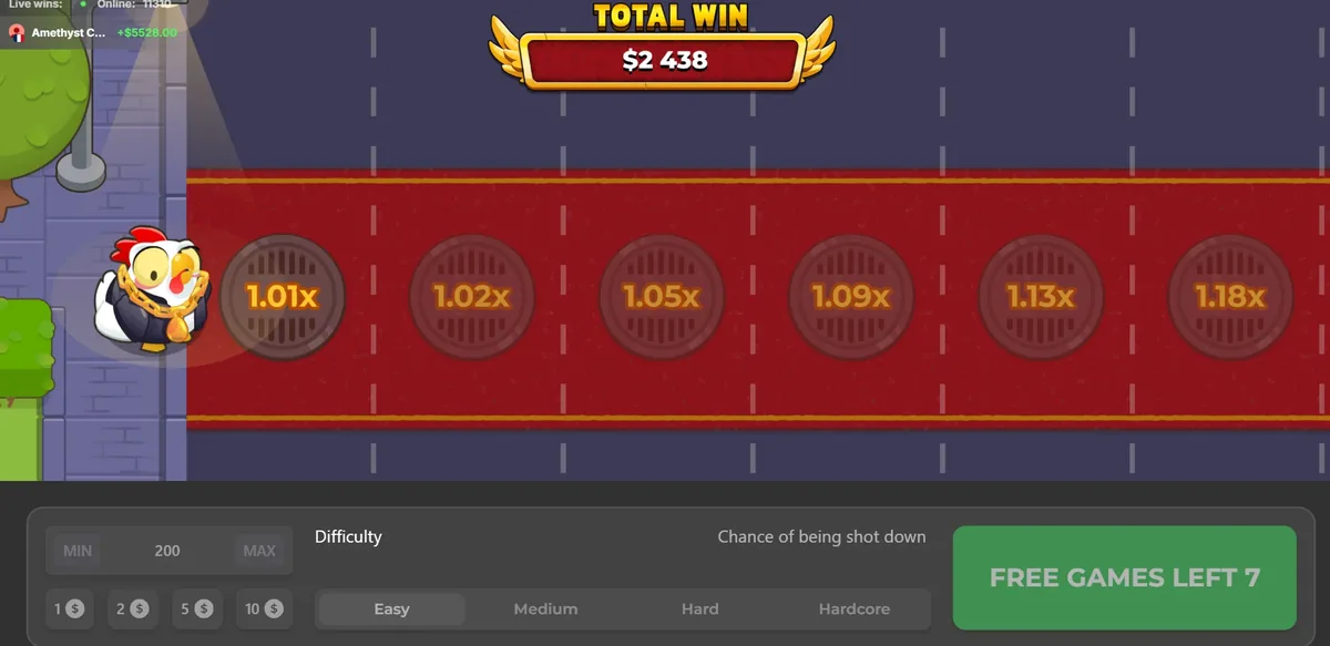 Chicken Road 2 free spins on Easy, the first covers reading 1.01x to 1.18x