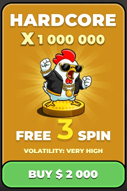 The Hardcore bonus card in Chicken Road 2: x1,000,000, three free spins, very high volatility