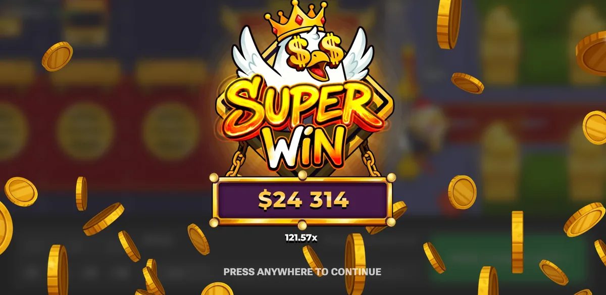 Super Win screen in Chicken Road 2 showing 24,314 at 121.57x