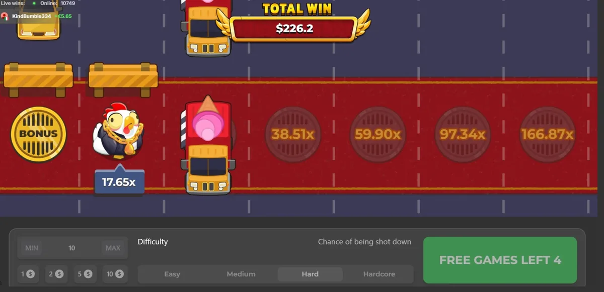 Chicken Road 2 Hard ladder with covers reading 38.51x, 59.90x, 97.34x and 166.87x
