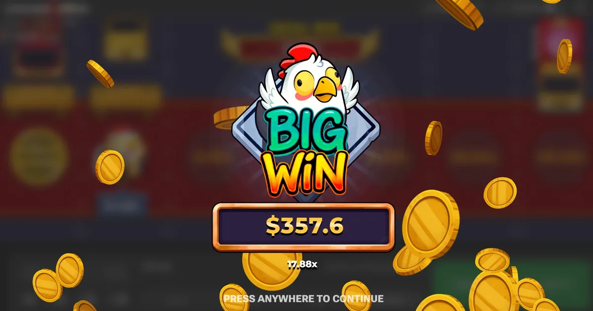 Big Win screen in Chicken Road 2 showing 357.6 at 17.88x after a Hardcore bonus