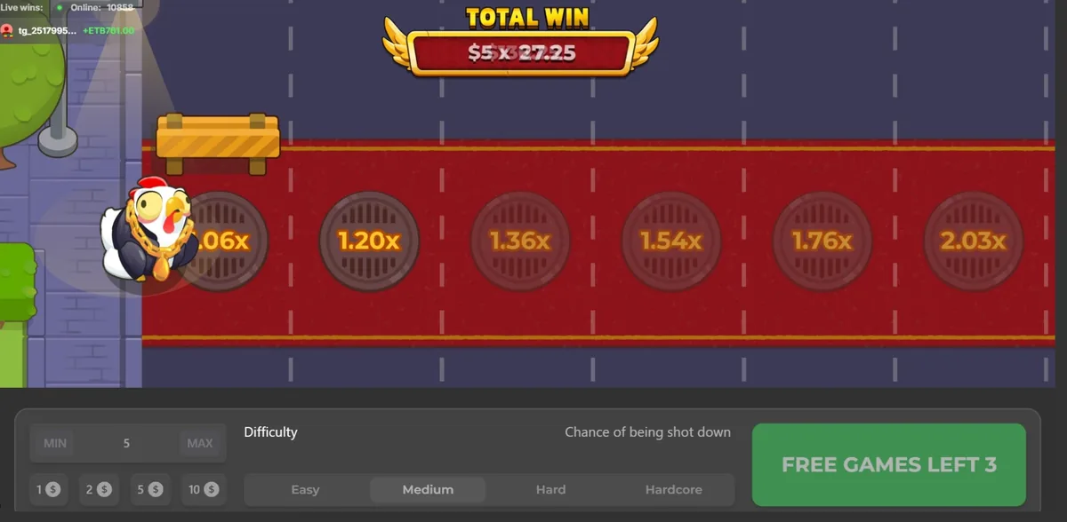 Chicken Road 2 Medium ladder reading 1.06x to 2.03x during free spins