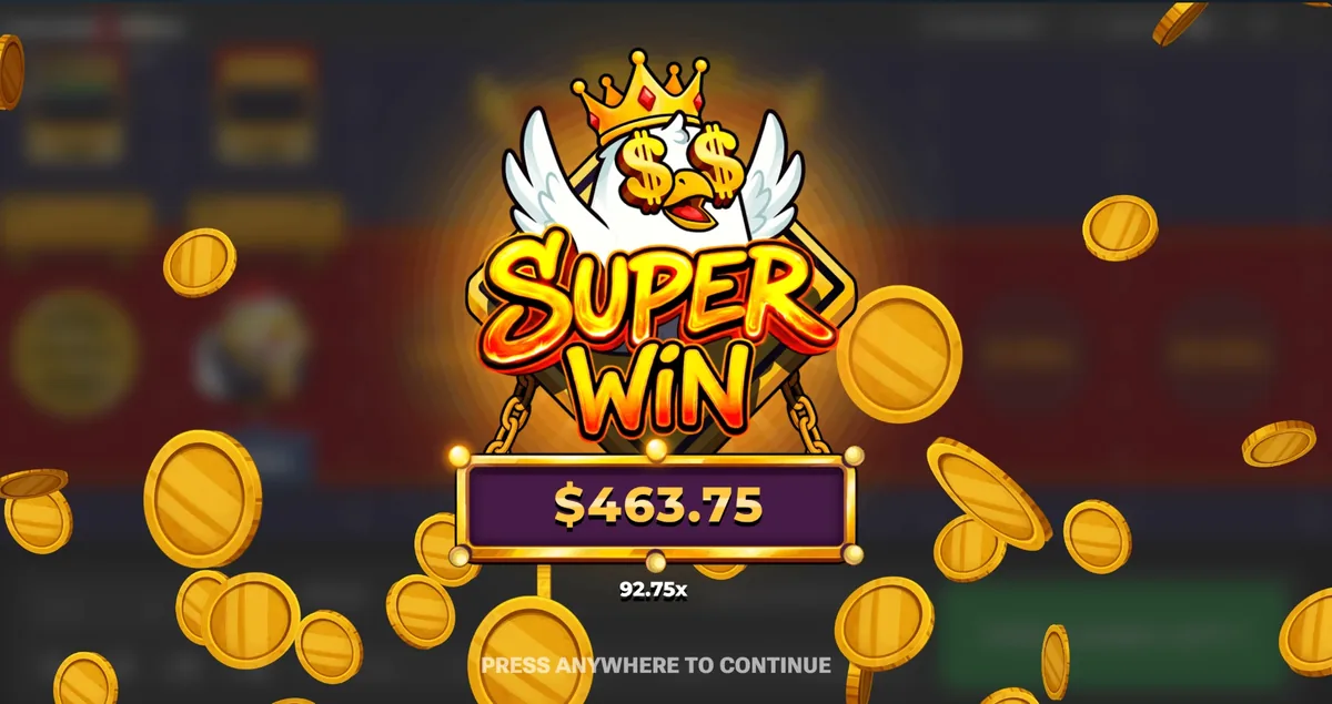 Super Win screen in Chicken Road 2 showing 463.75 at 92.75x