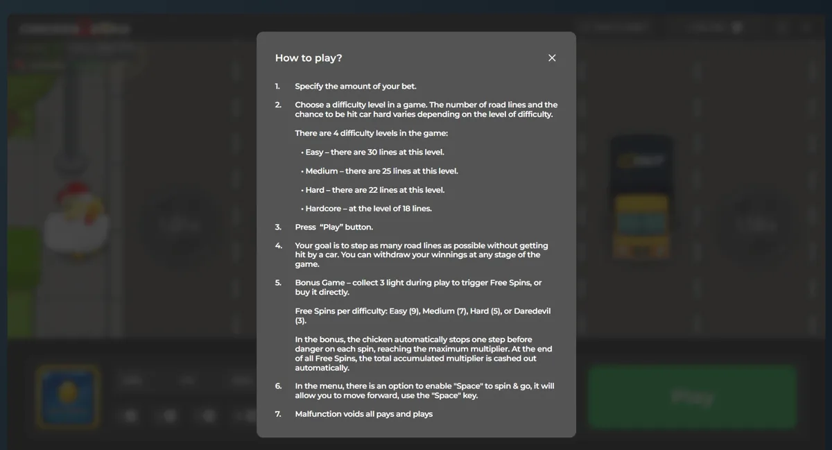 The How to play panel inside Chicken Road 2, listing the four difficulty levels and their lane counts