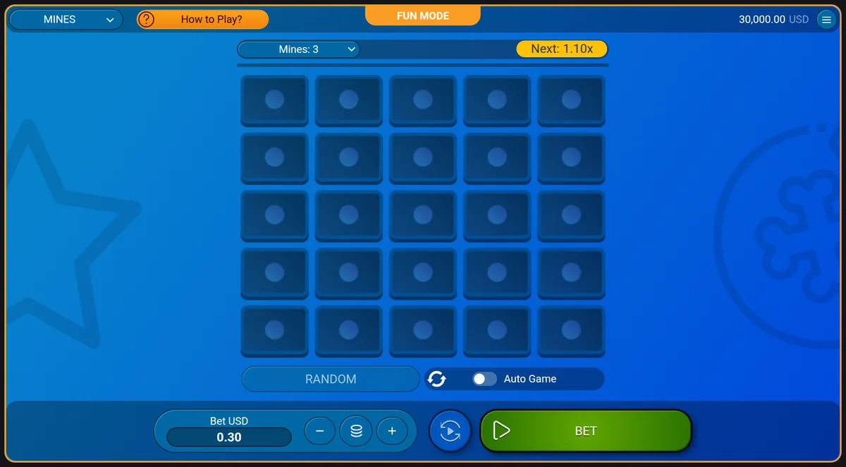 The Mines board: a five by five grid of closed tiles, a mine-count selector set to 3, and the next multiplier shown as 1.10x