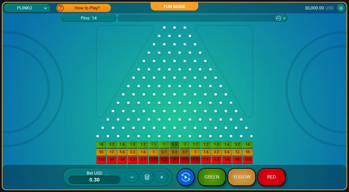 A Plinko board of fourteen peg rows with three payout rows underneath, green, yellow and red, running from 0.2 in the middle to 353 at the edges